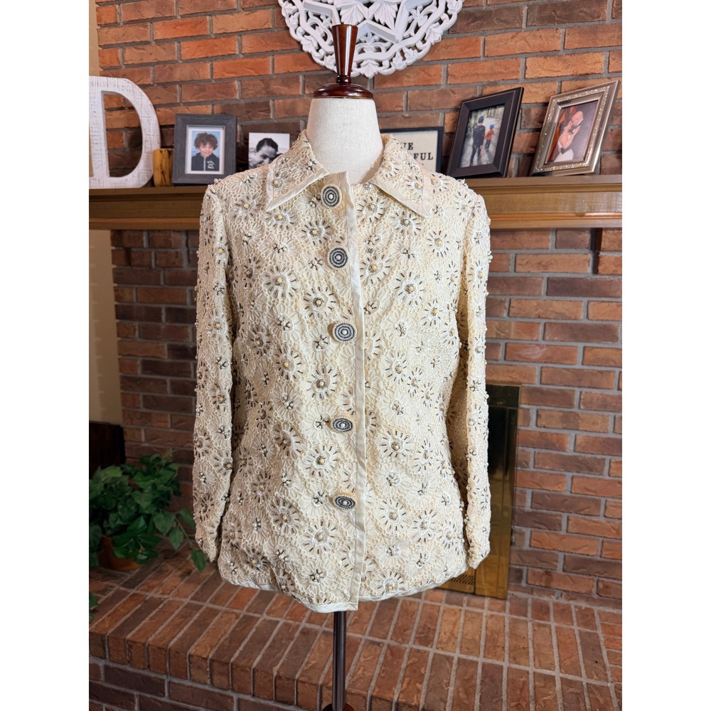 Colt Orient Corp Vintage 1960s Beaded Lace Jacket Women Cream Floral Silk 12